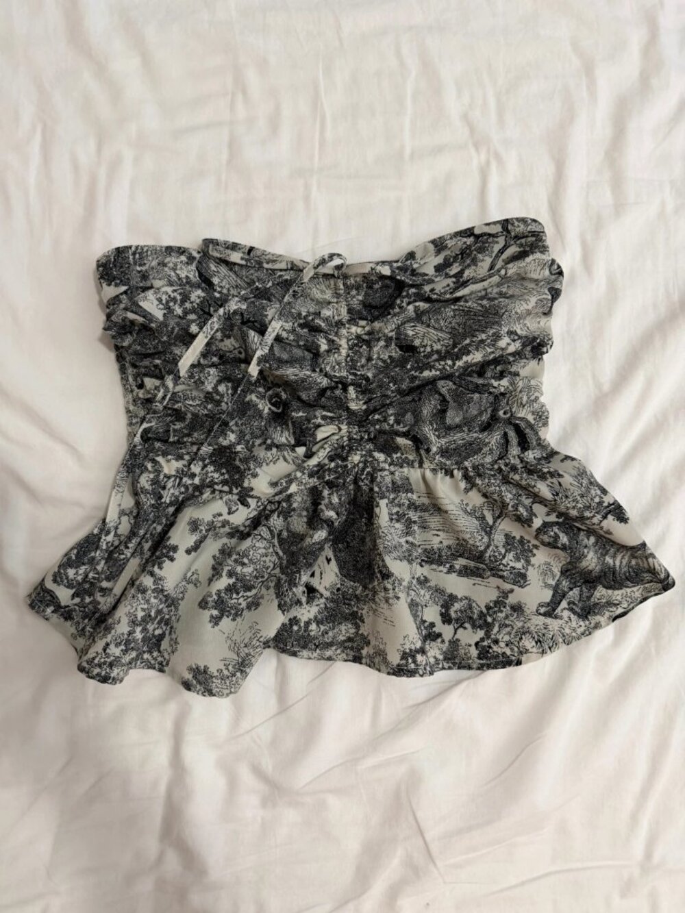 Black White Toile Print Strapless Peplum Top Ruched Tie Front Tube Top S